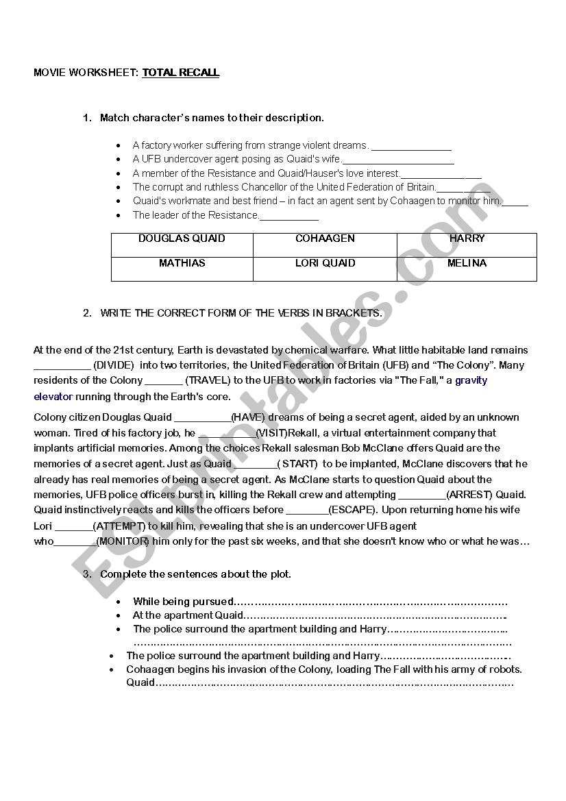 Movie worksheet: Total recall worksheet