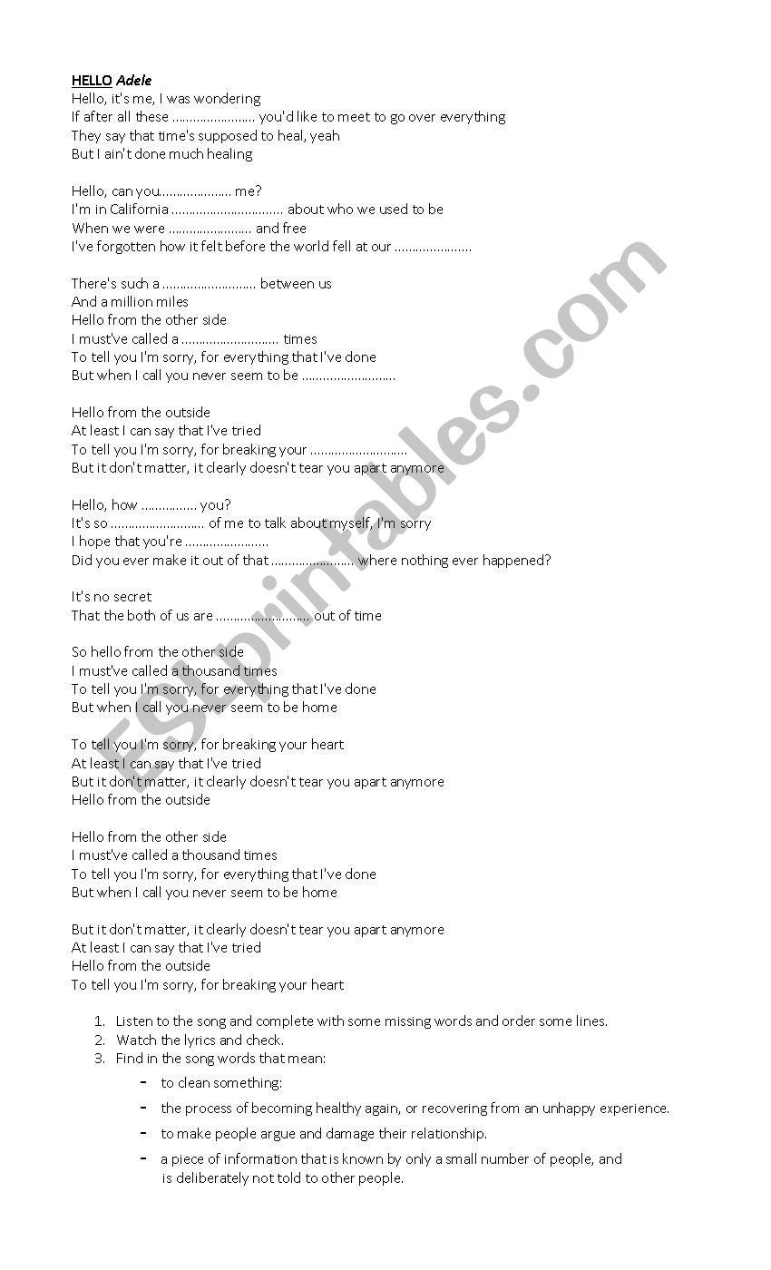 Hello by Adele worksheet