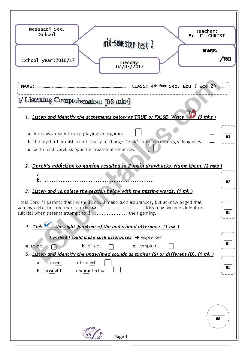 Mid-semester test 2   / 4th form Sec. edu. (Tunisia)