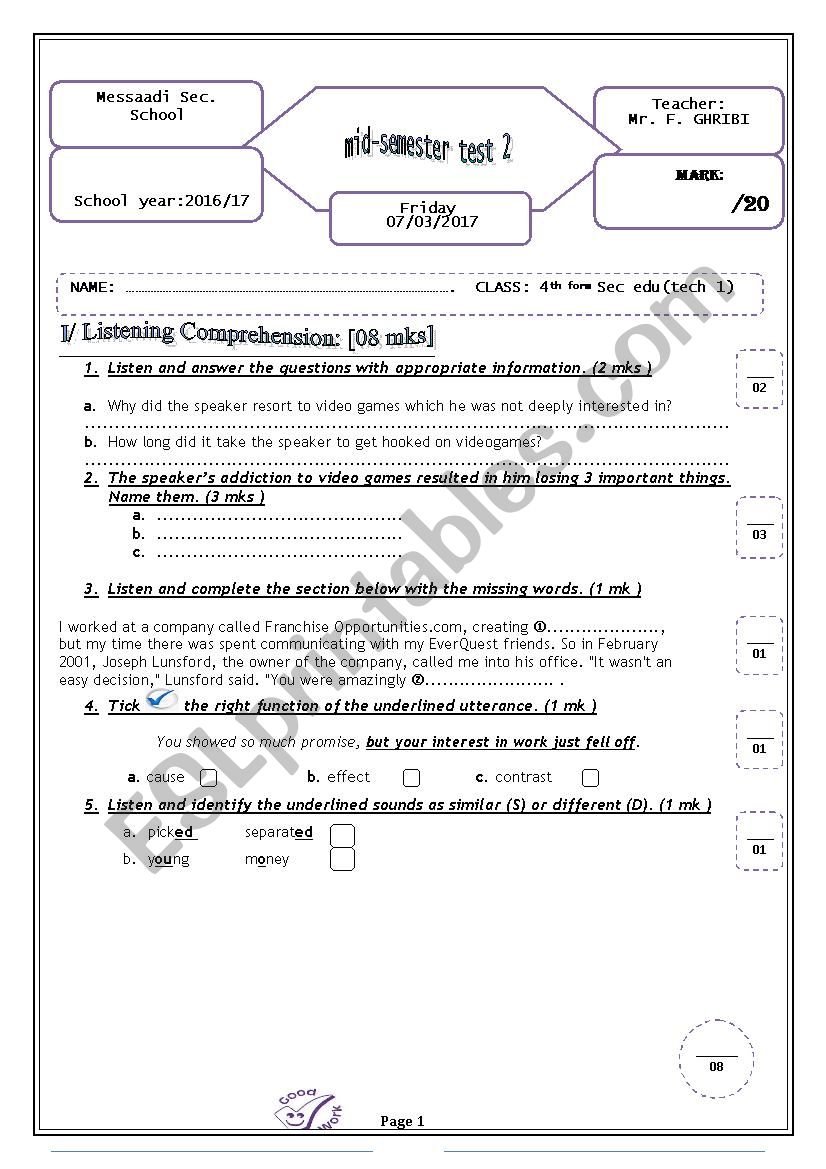 Mid-semester test 2   / 4th form Sec. edu.(tech ) (Tunisia)