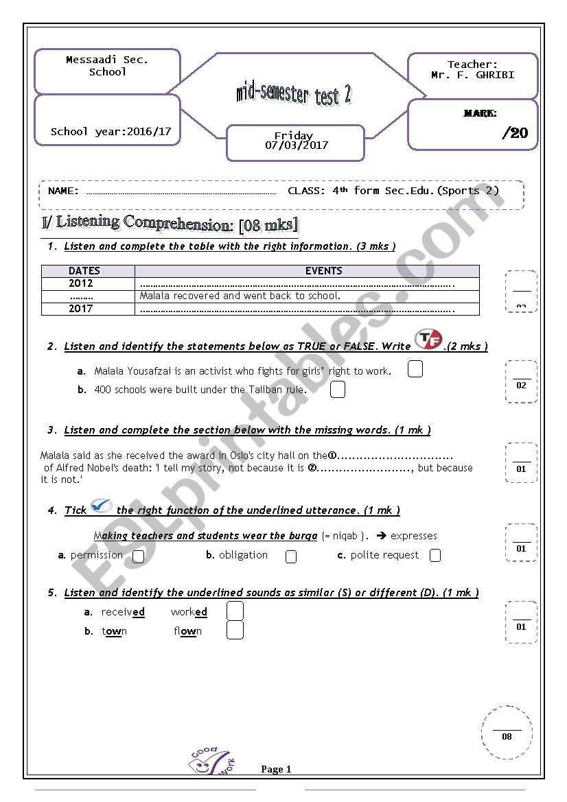 Mid-semester test 2   / 4th form Sec. edu.(sports ) (Tunisia)