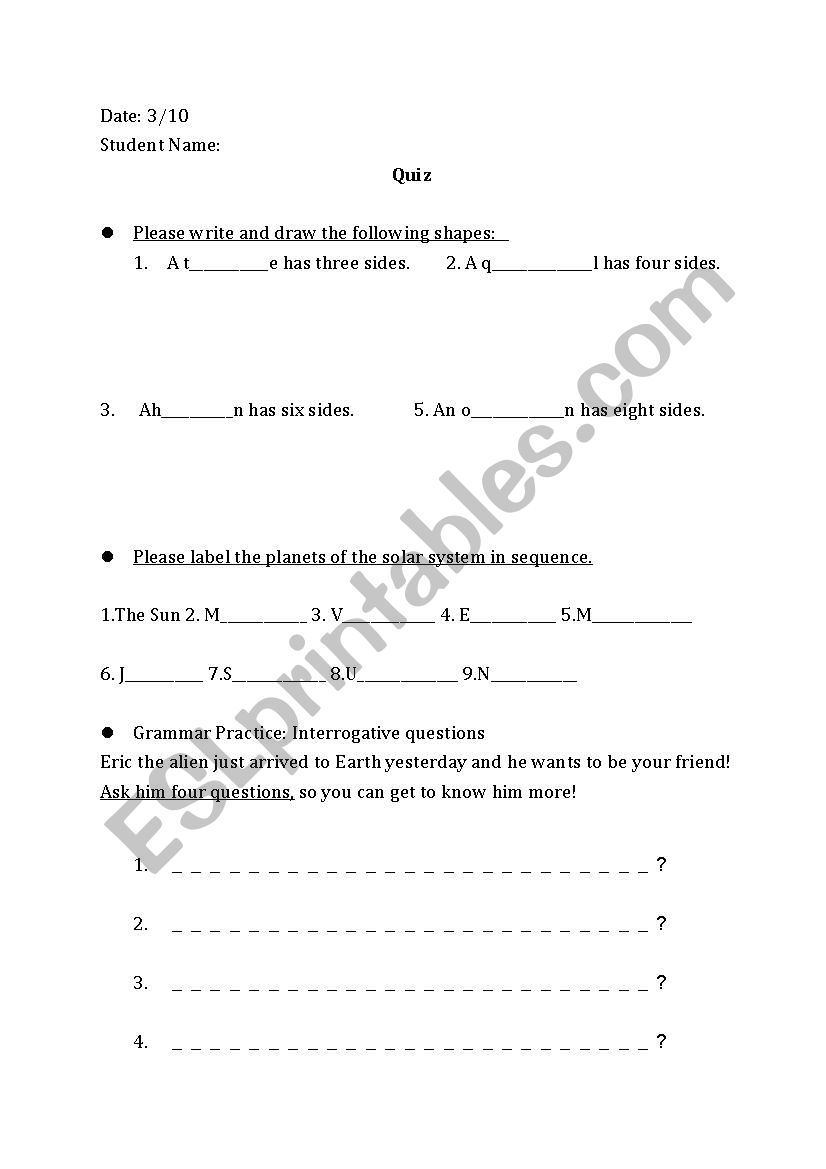 Quiz on shapes, planets and interrogative sentences