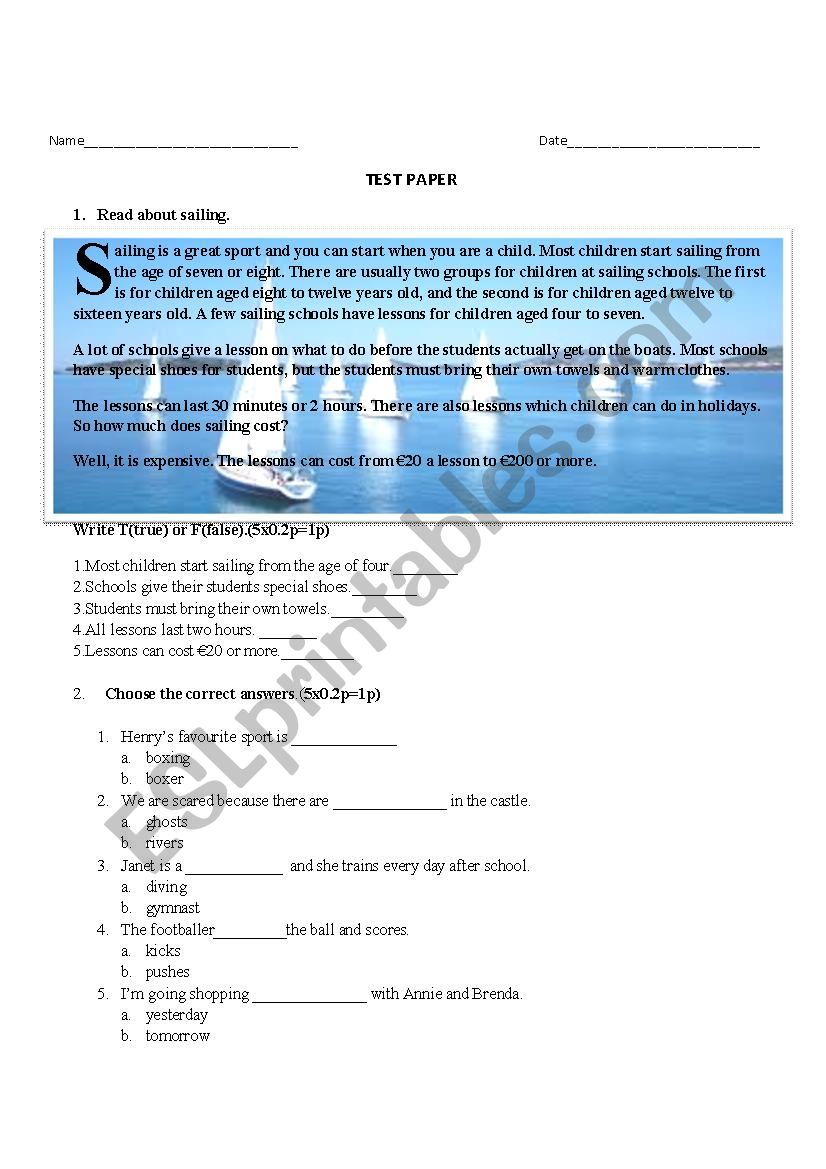  Test 5th grade worksheet