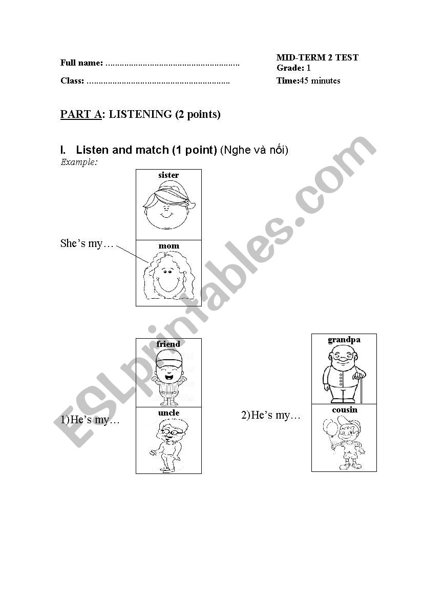 Grade 1 test worksheet