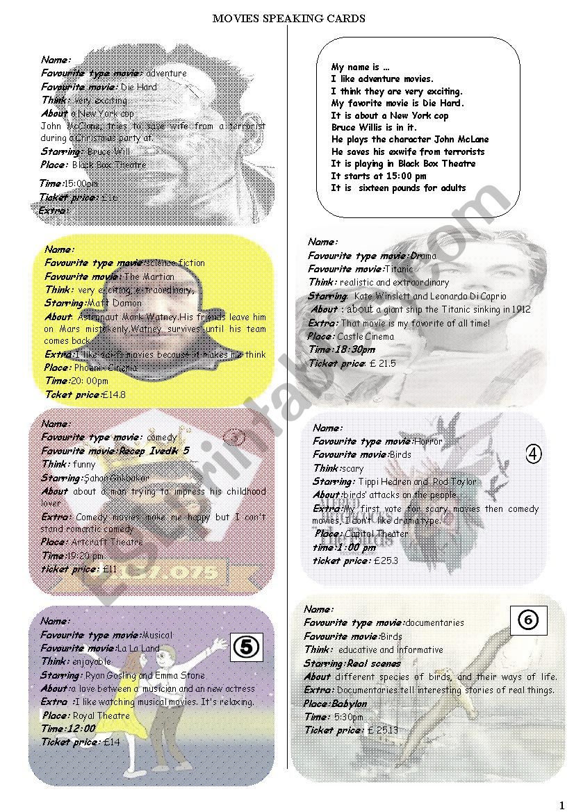 MOVIE SPEAKING CARDS worksheet