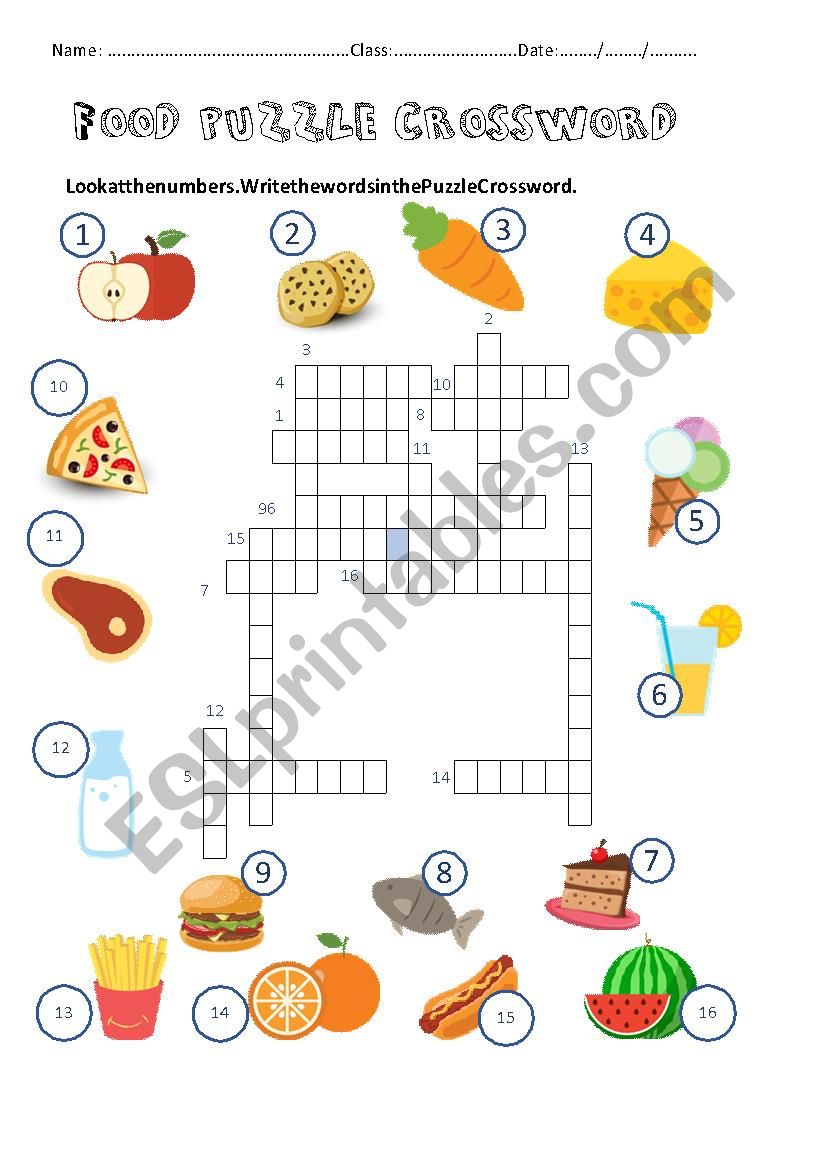 Food Puzzle Crossword Worksheet