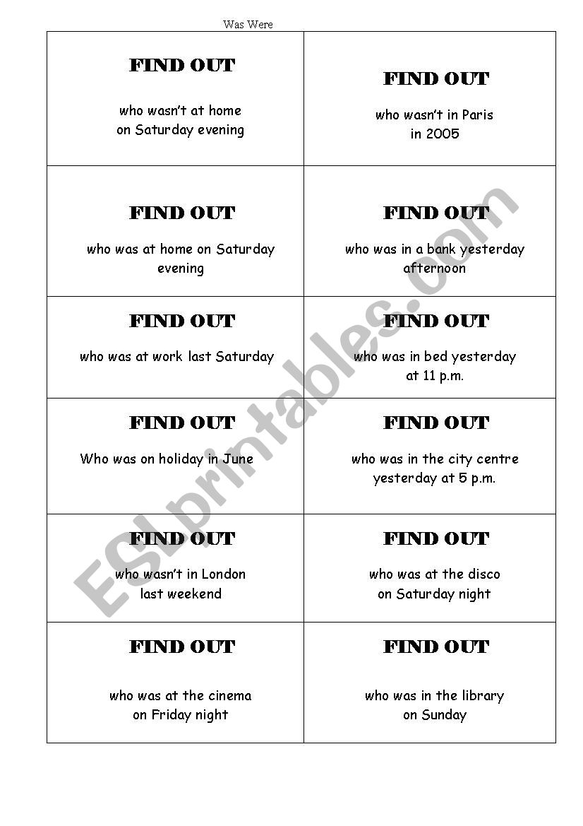  Was/ were speaking activity worksheet