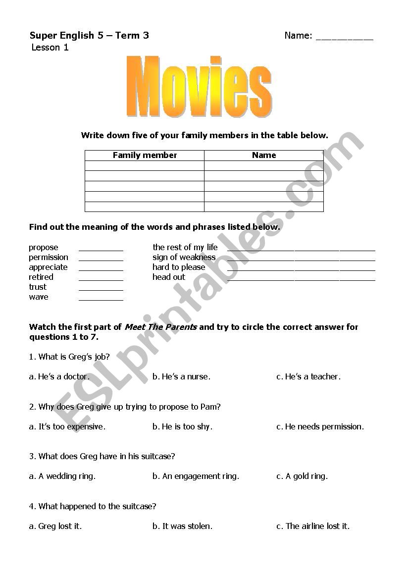 Meet the Parents: Worksheet 1 worksheet