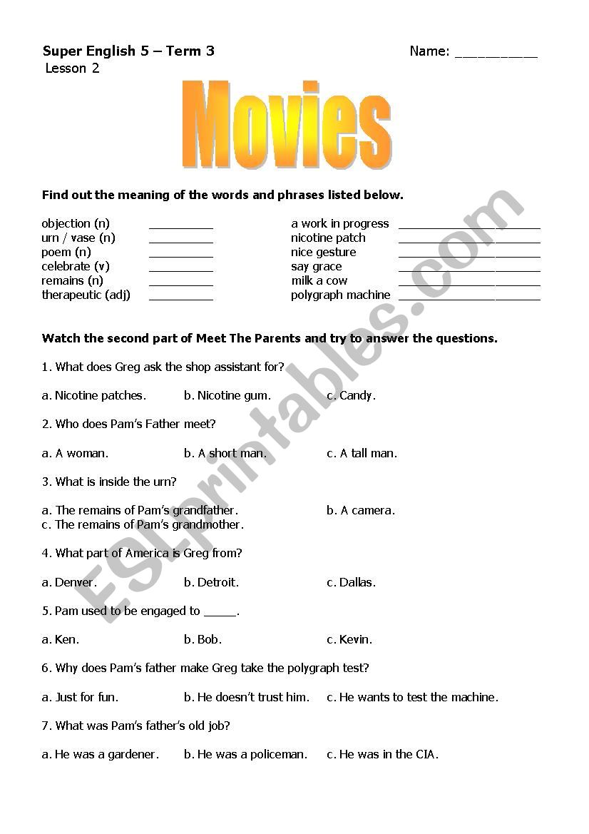 Worksheet 2: Meet the Parents worksheet