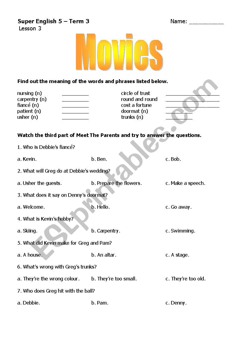 Worksheet 3: Meet the Parents worksheet