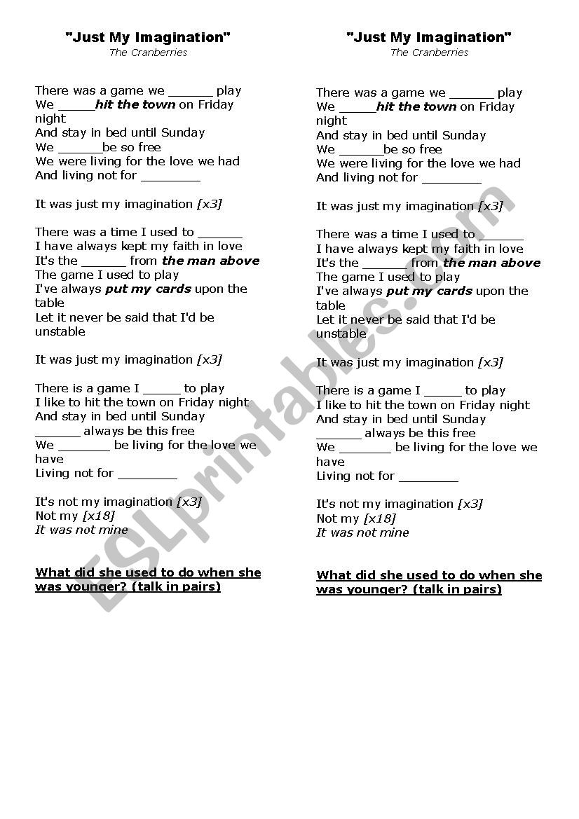 Used to song worksheet