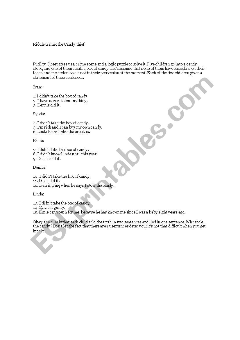 Riddle Game: The Candy Thief  worksheet