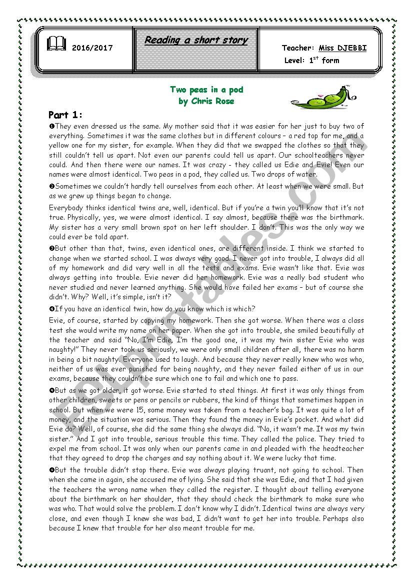 Reading a short story worksheet