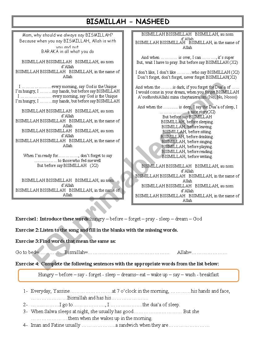 Bismillah song worksheet