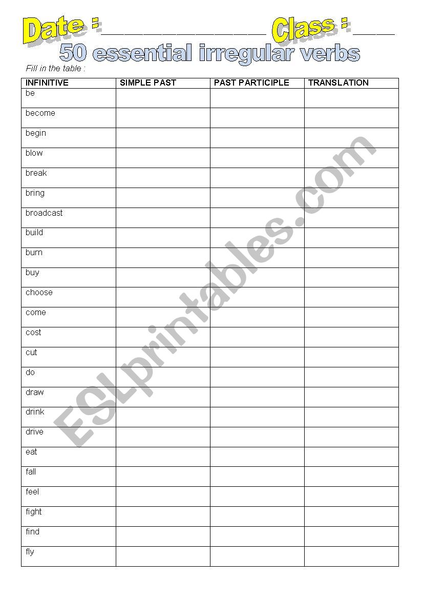 50 irregular verbs worksheet