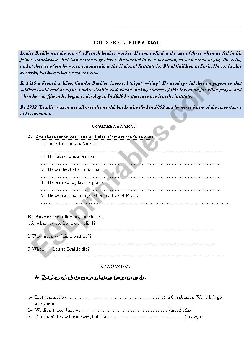 LOUIS BRAILLE worksheet