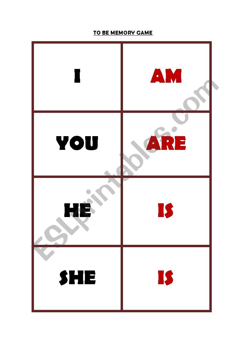 To Be memory game worksheet