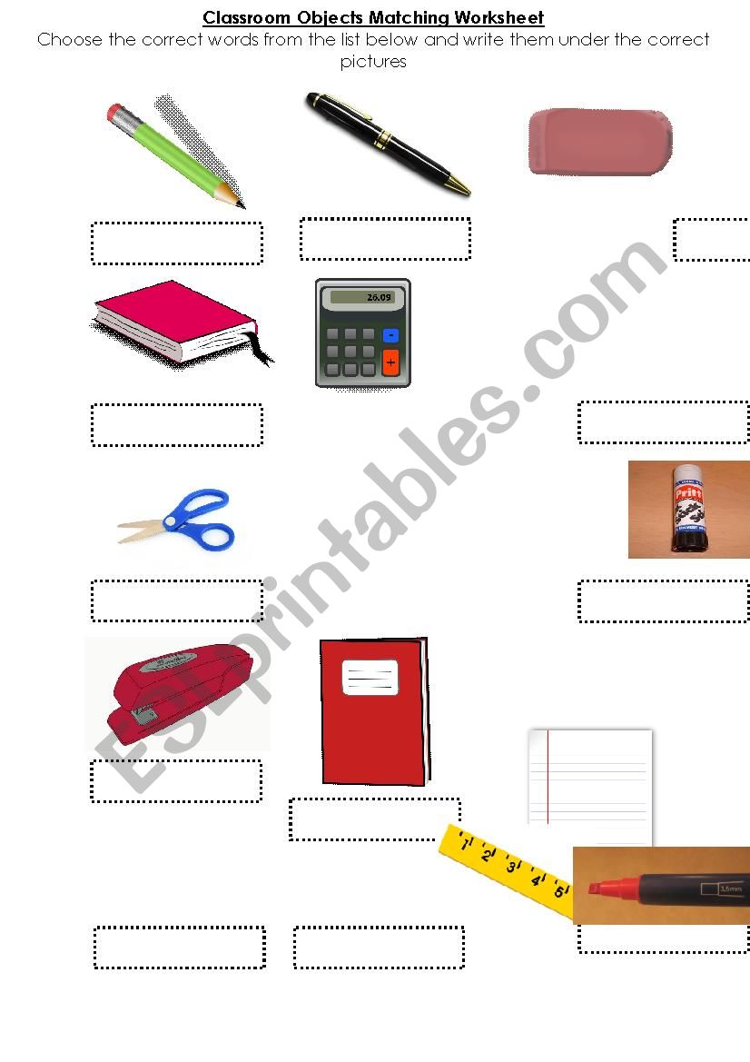 Classroom Objects Matching Worksheet