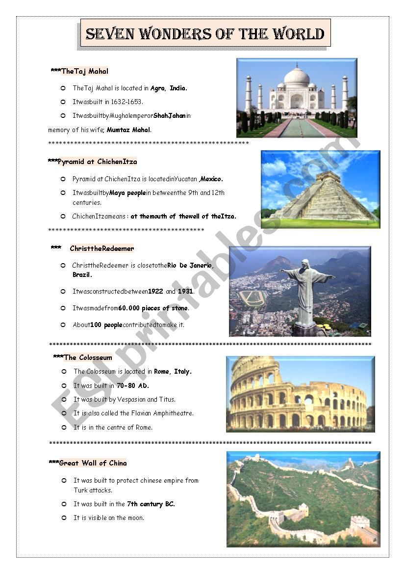 seven wonders of the world worksheet