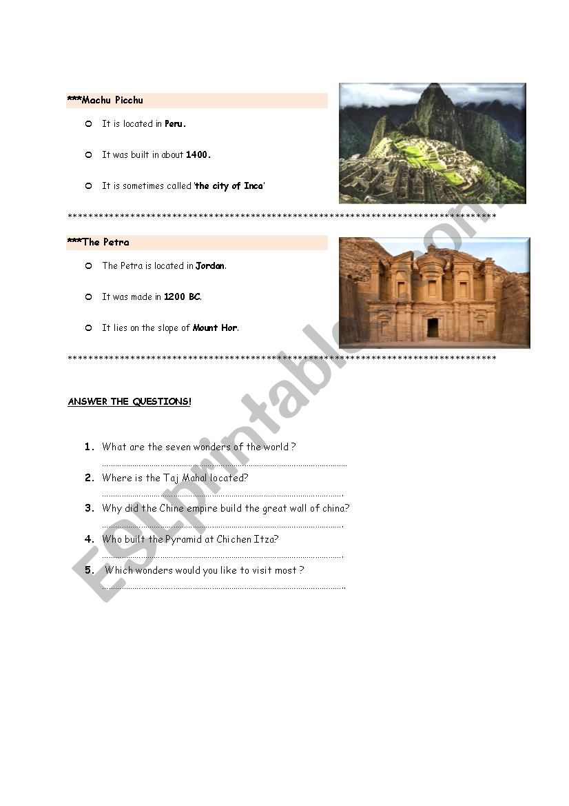 seven wonders of the world 2 worksheet