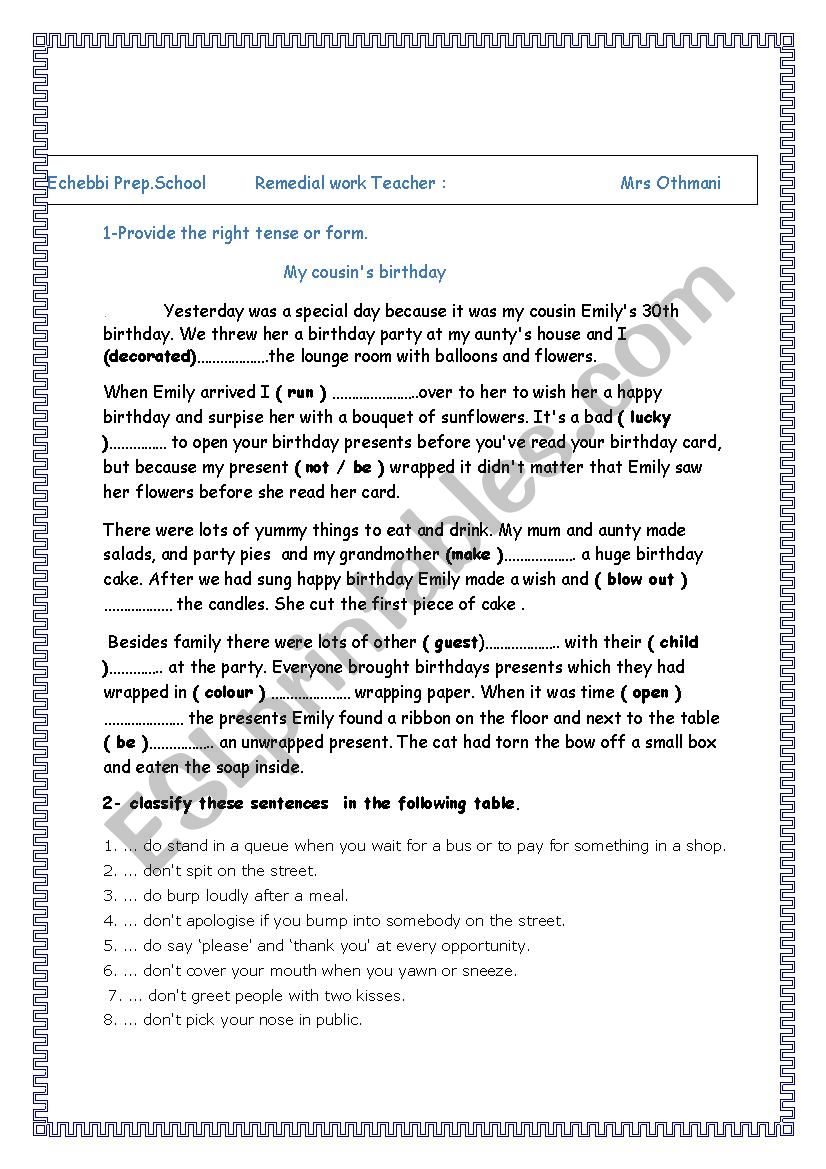 Remedial work ( 8th form ) worksheet