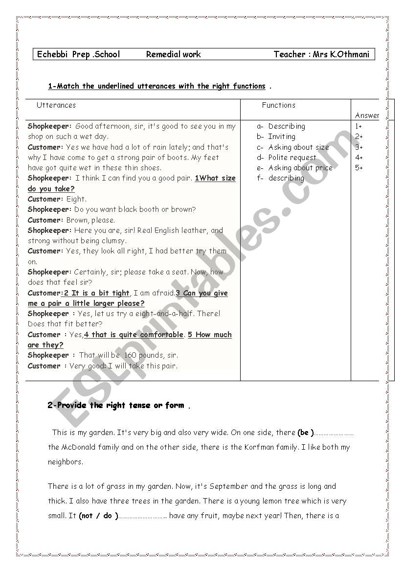 Remedial work ( 7th form ) worksheet