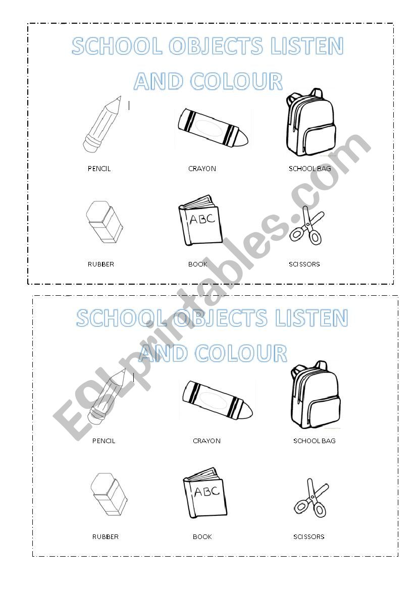 school objects listening worksheet