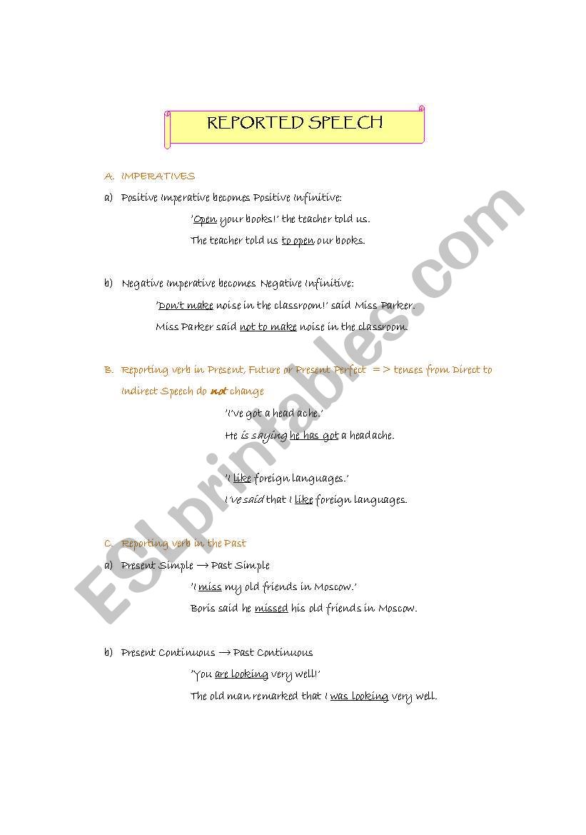 Reported Speech (grammar) worksheet