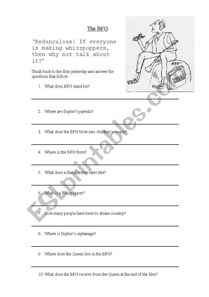The B.F.G. quiz worksheet