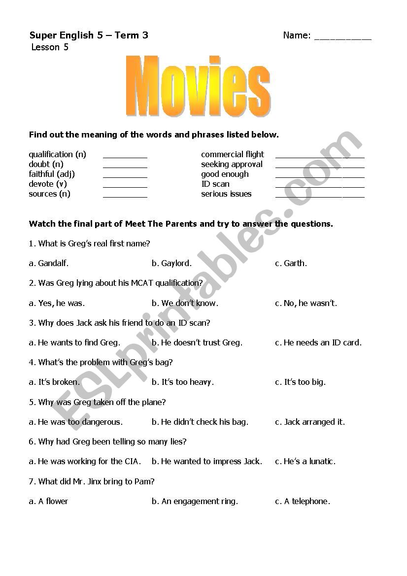 Worksheet 5: Meet the Parents worksheet