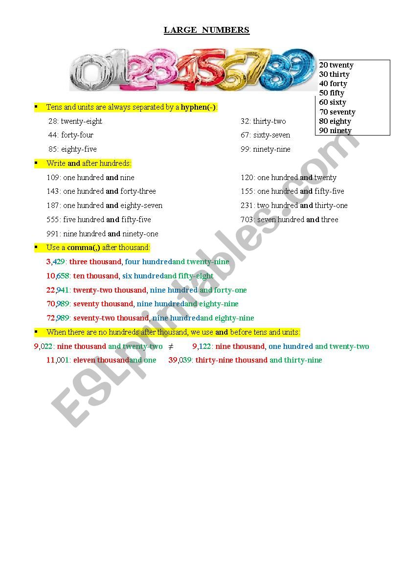 Large numbers worksheet