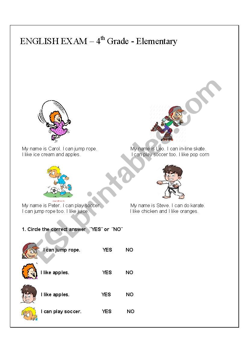 4th Grade Exam - Elementary worksheet