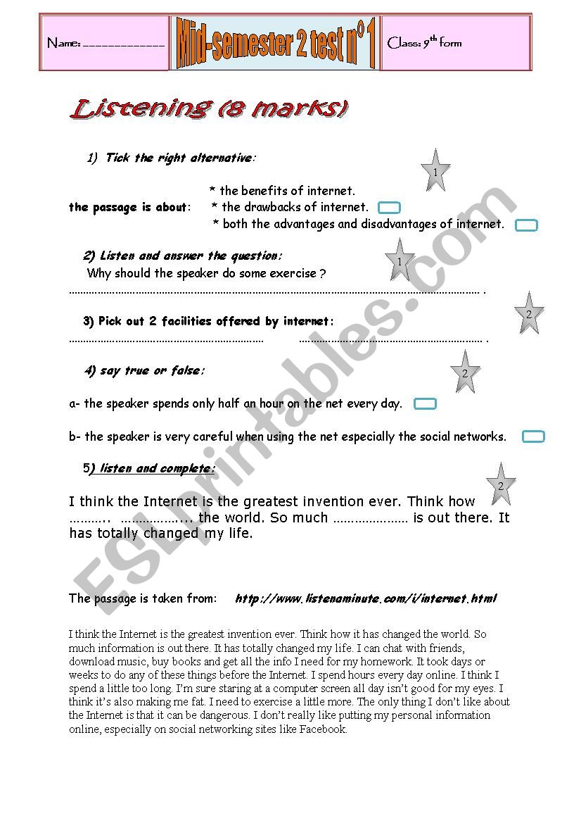 mid semester2 test n 1 worksheet