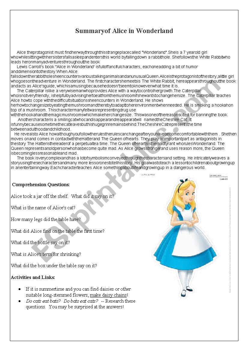 Alice in the Wonderland Summary and Text Comprehension