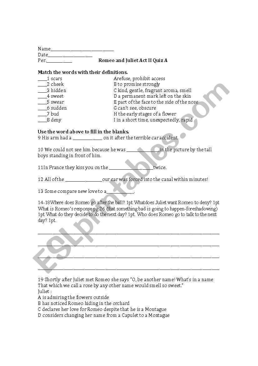 Act II Romeo and Juliet Quiz worksheet