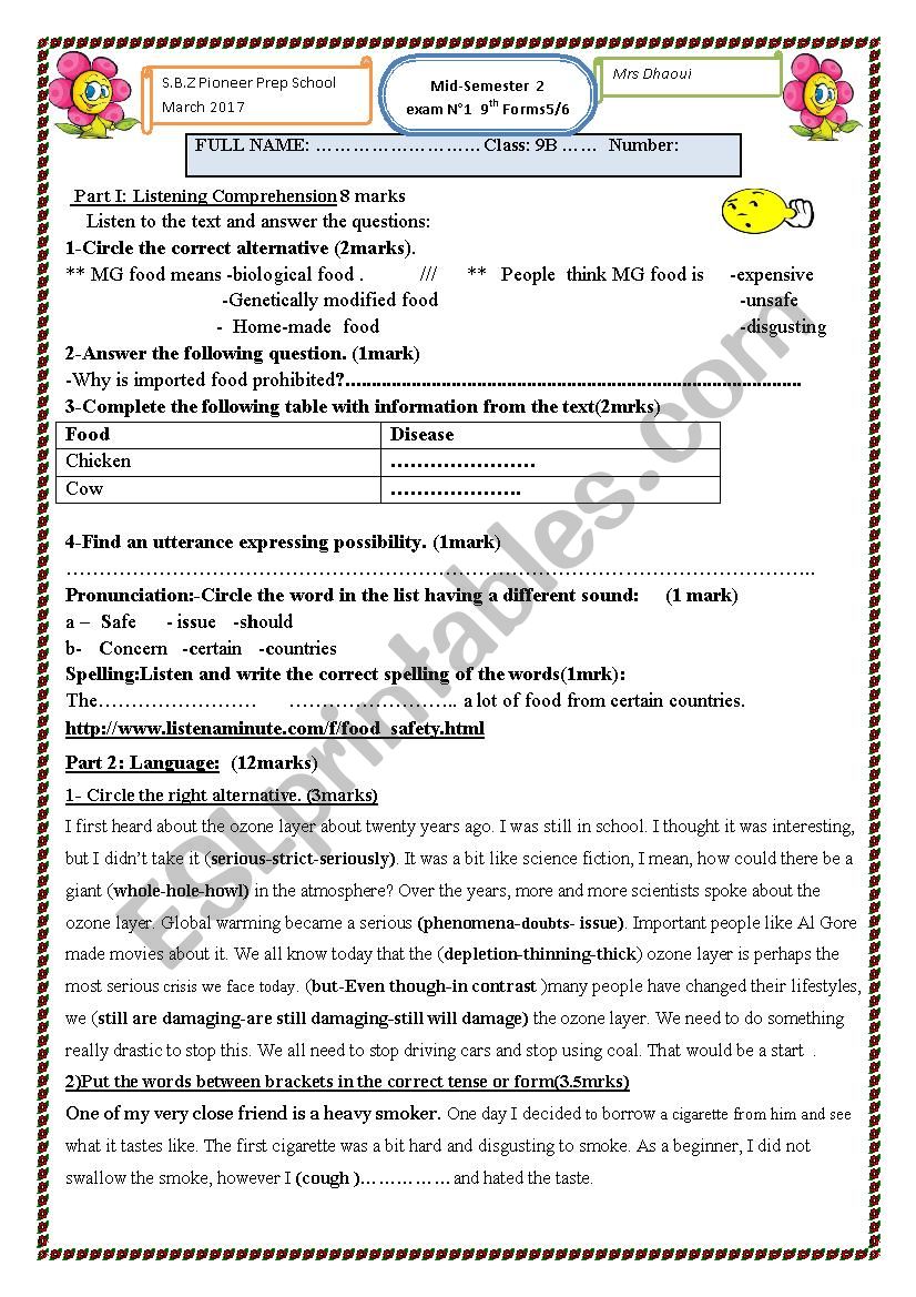 9th form mid semester 2 worksheet