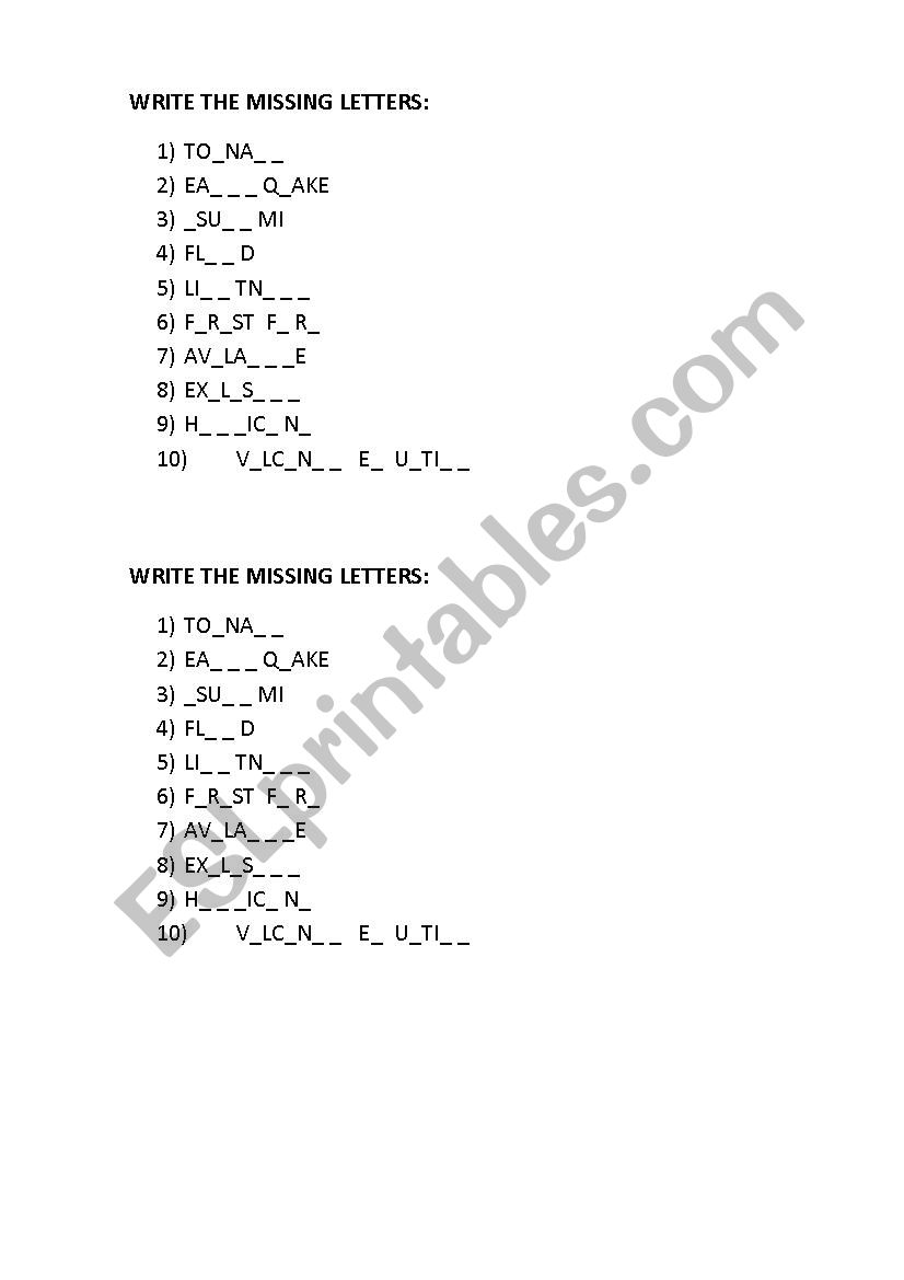 Disasters worksheet