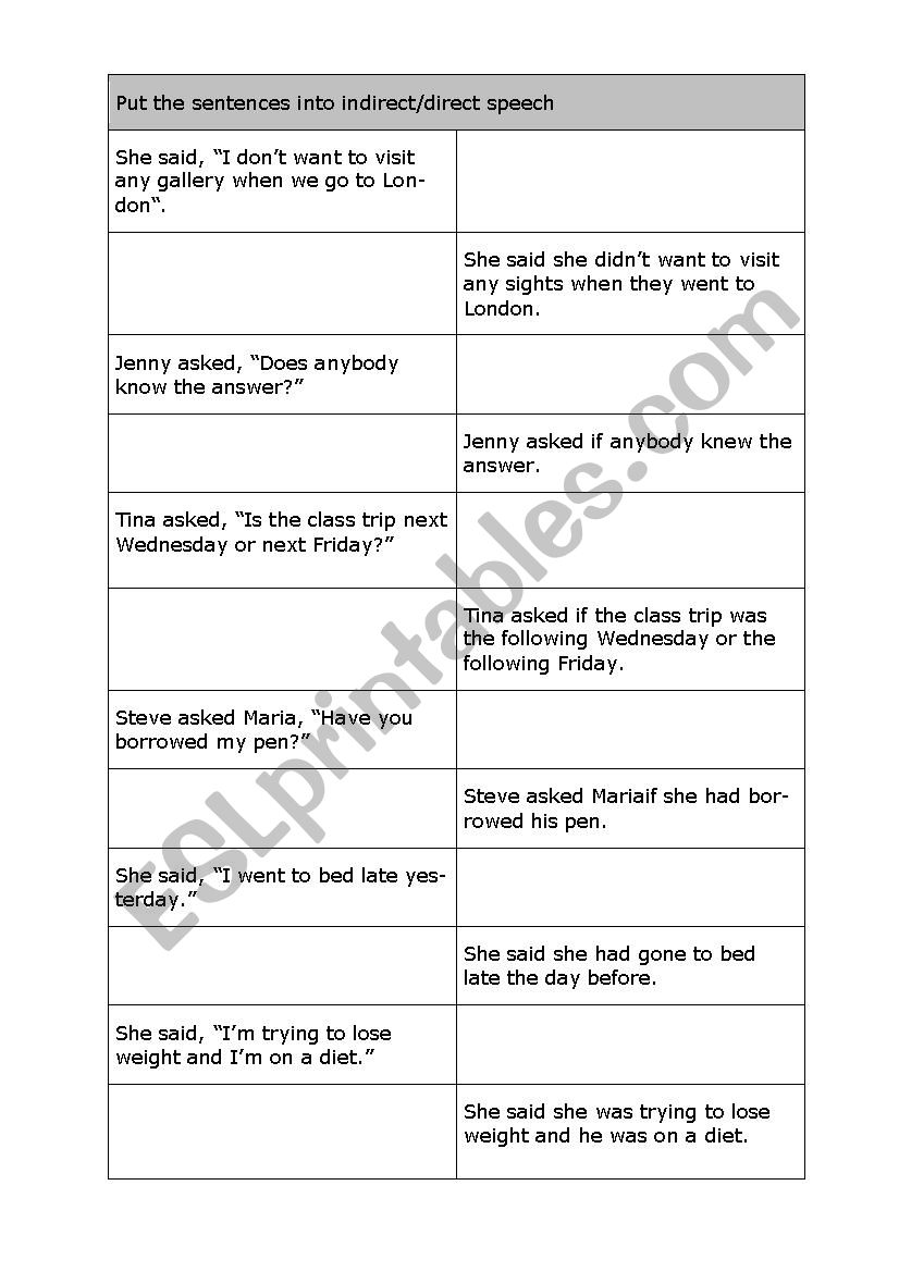 Direct Indirect Speech worksheet