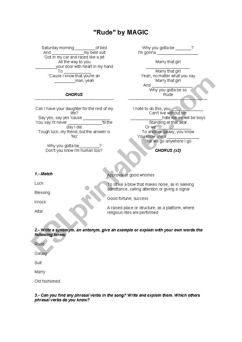 Rude Song by Magic worksheet