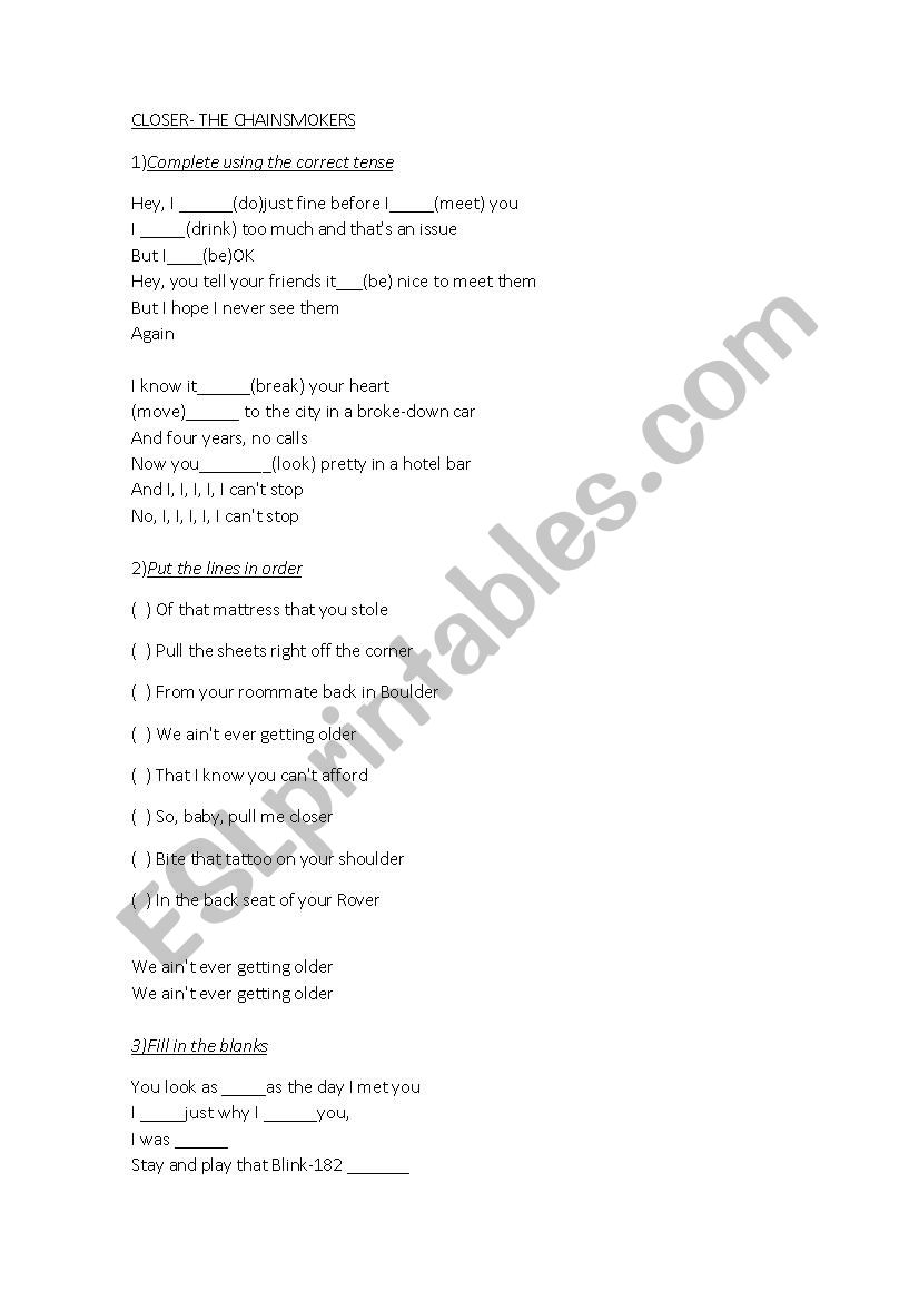 Closer worksheet