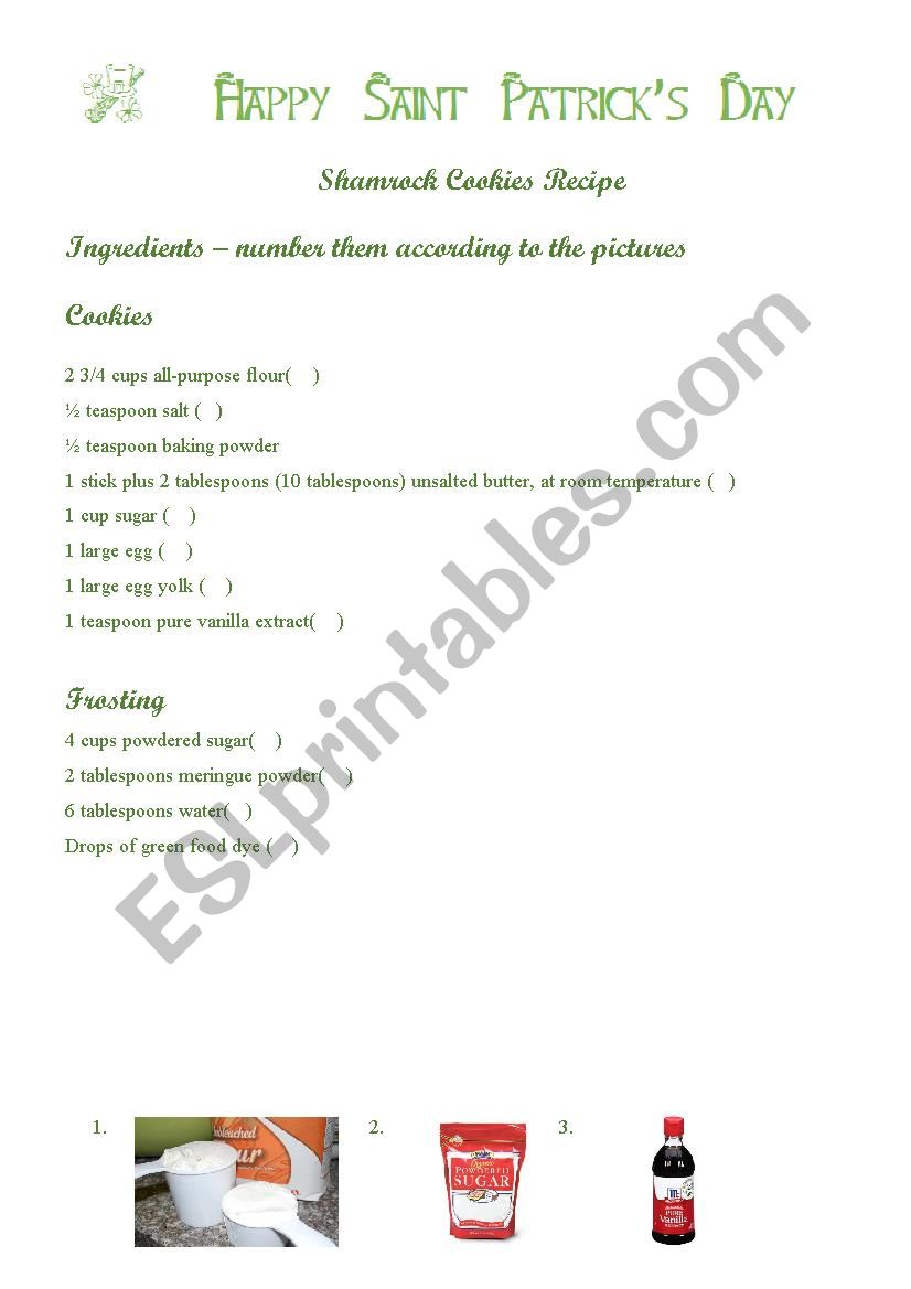 Shamrock Sugar Cookies Recipe and vocabulary activity