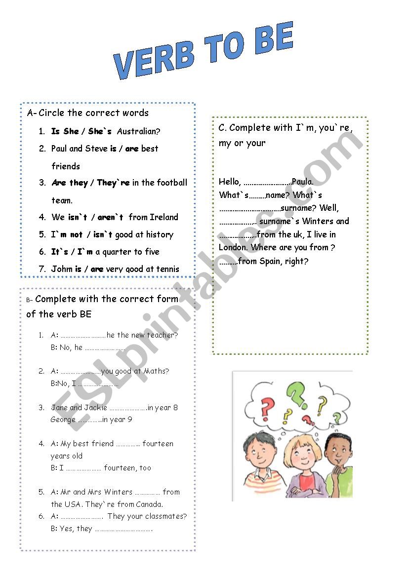 verb to be worksheet