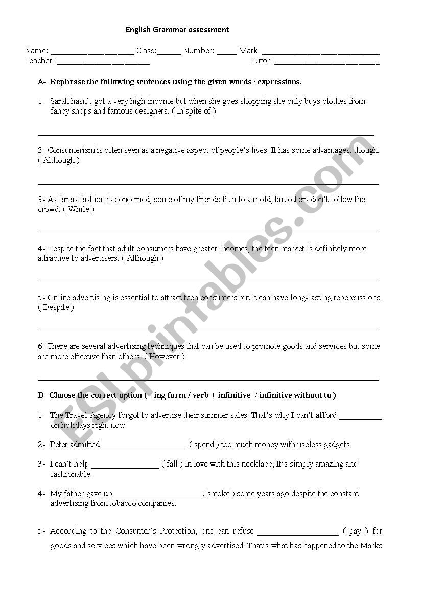 Grammar worksheet: rephrasing 