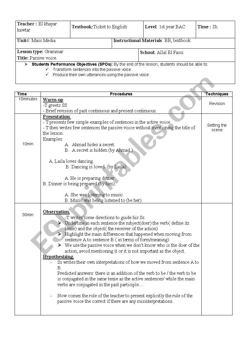 lesson plan ( passive voice) worksheet