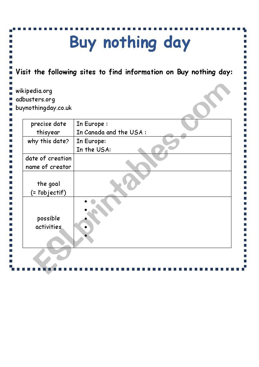 a webquest on Buy Nothing Day worksheet