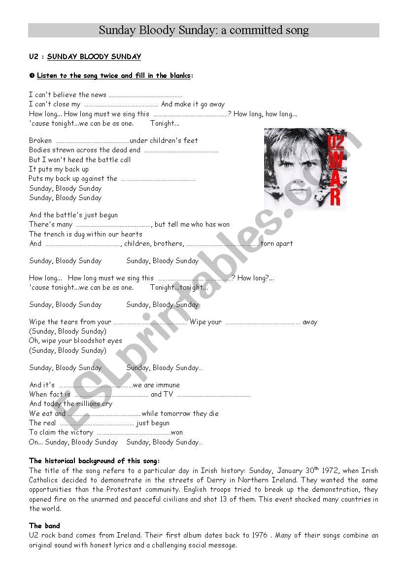 U2 Sunday Bloody Sunday worksheet