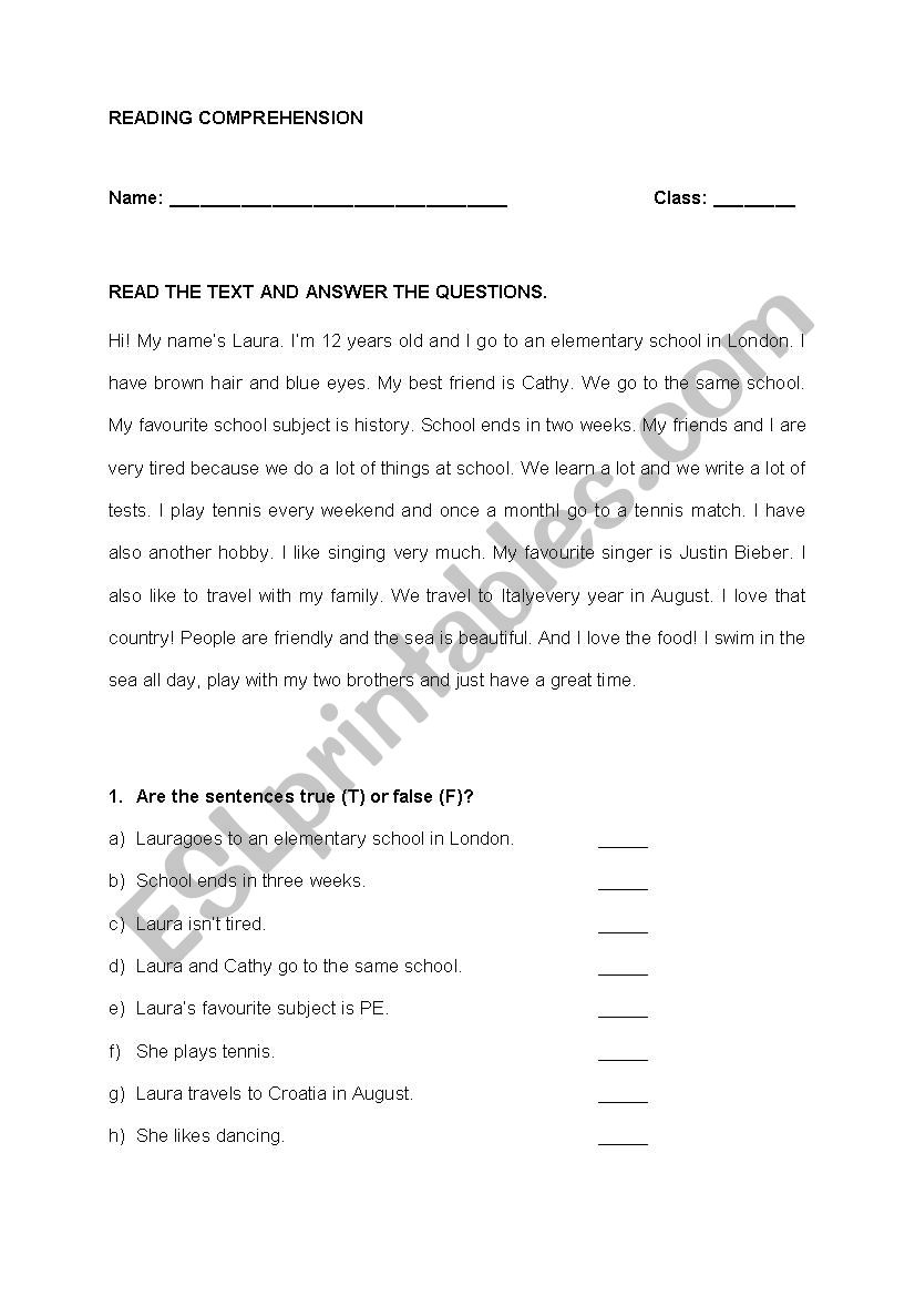 reading comprehension worksheet