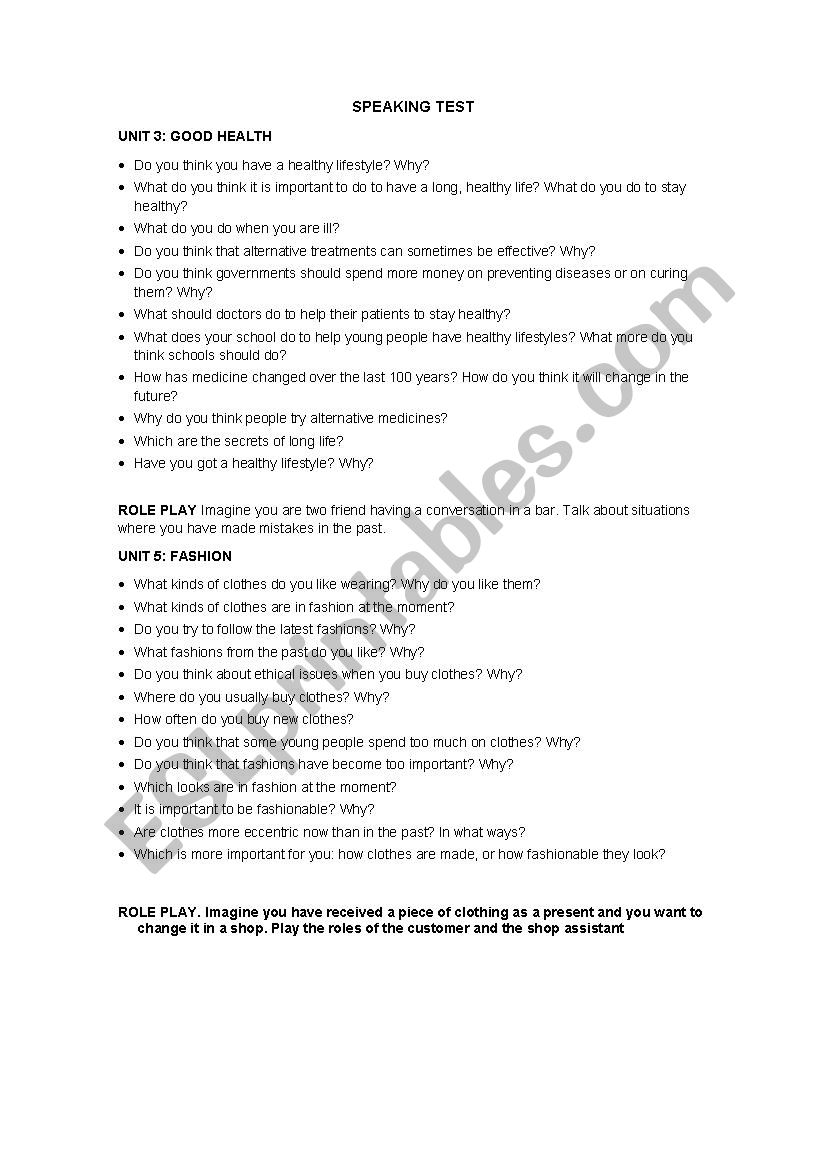Speaking interview 3ESO worksheet