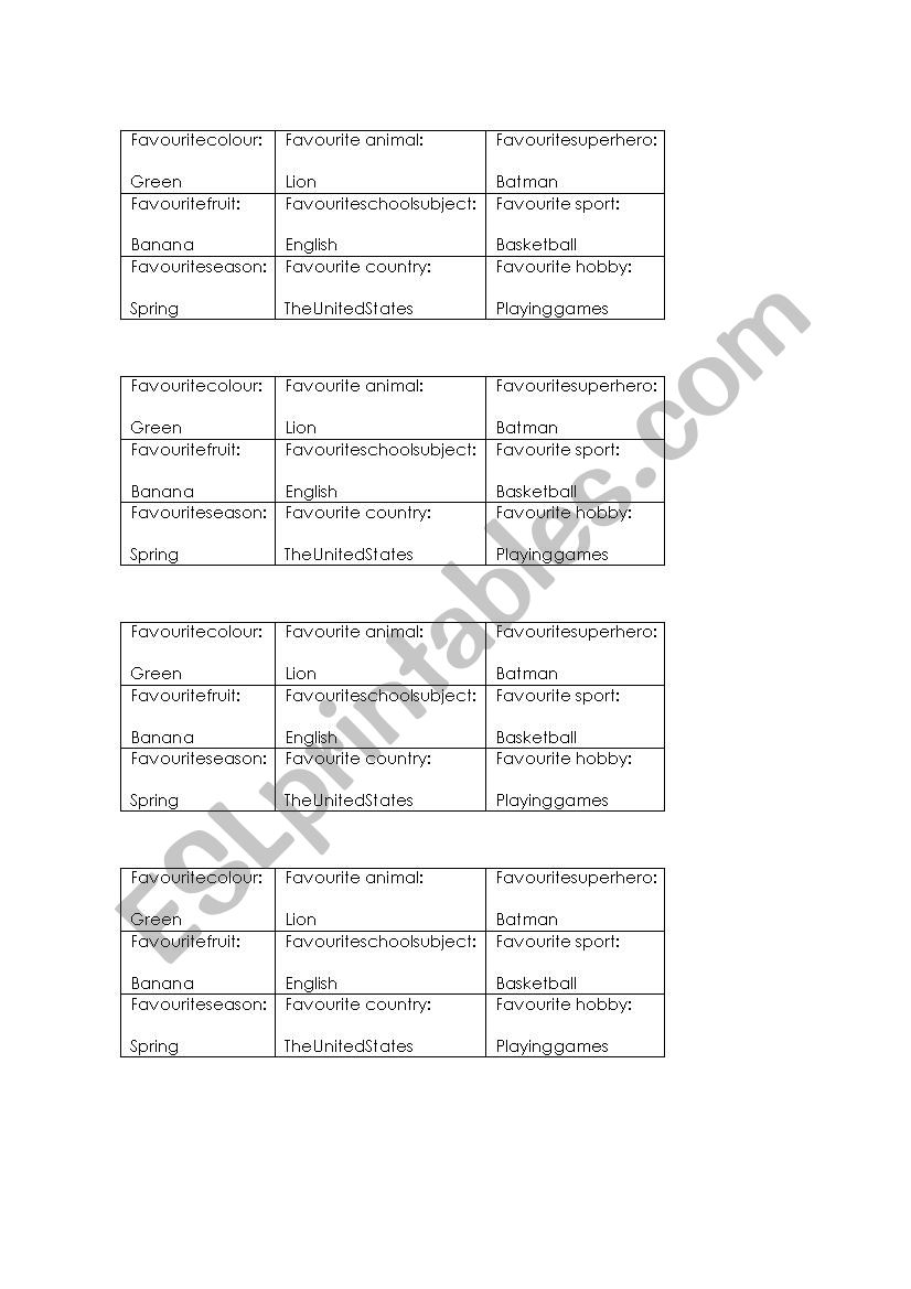 People bingo with Favourites worksheet