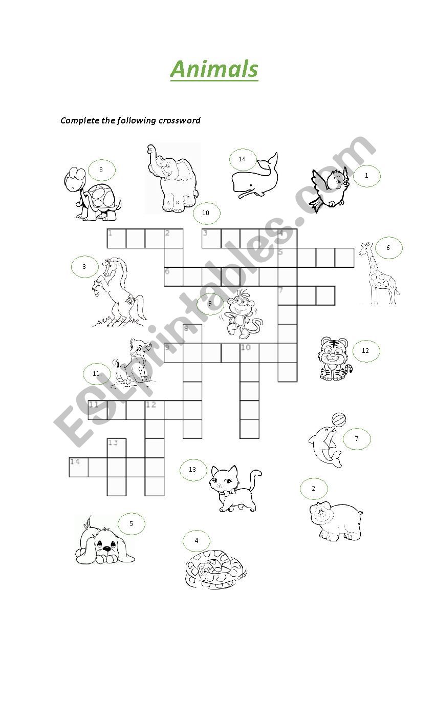 Animals crossword worksheet